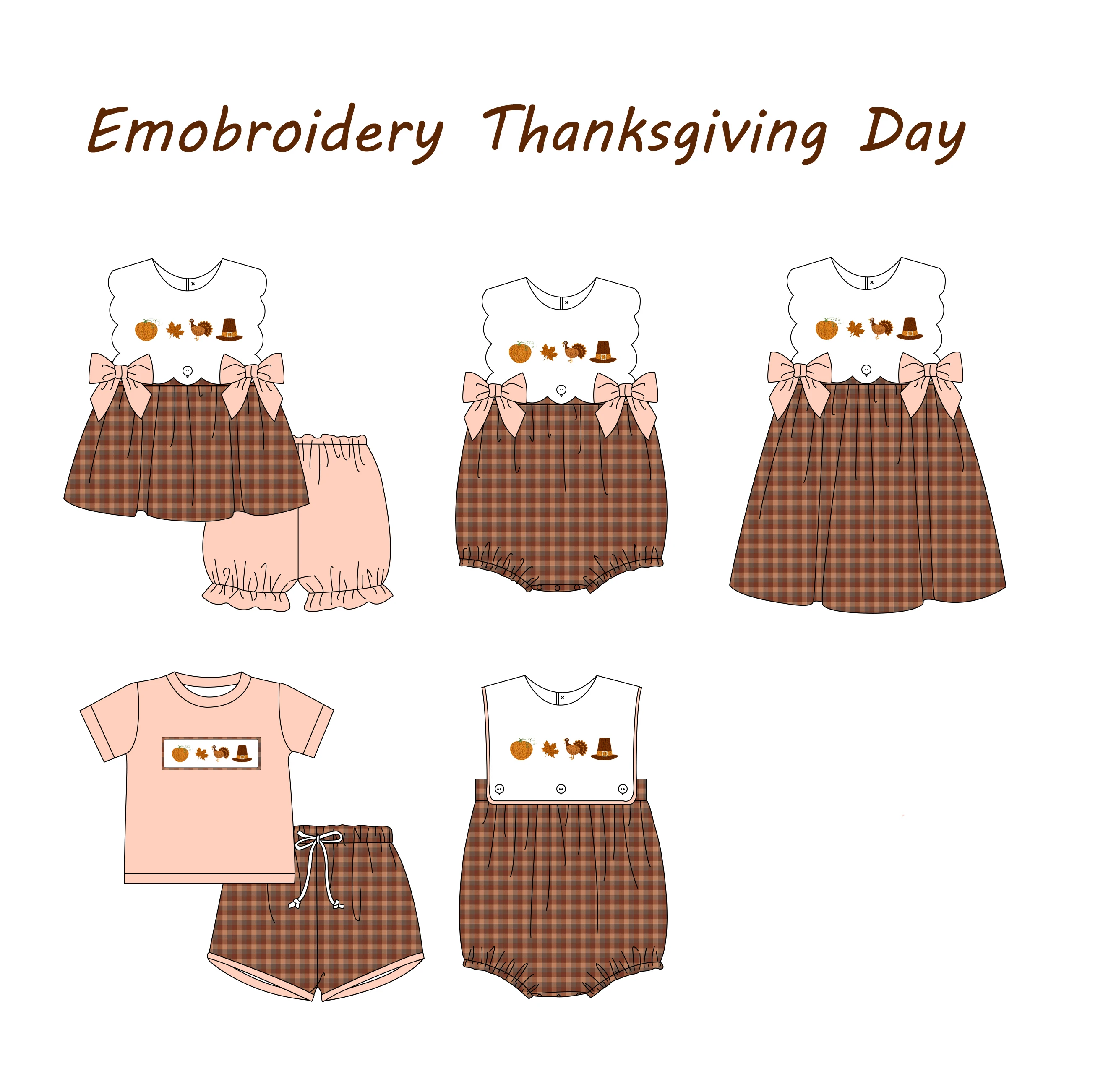 

Boutique Baby Cotton Long Sleeve T-shirt Set Round Neck Turkey Embroidery Boy Orange Top Clothes And Lattice Set Romper With Bow