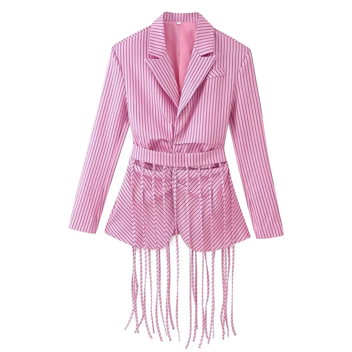Fashion Turn Down Collar Striped Suit Jackets Women Chic Detachable Tassel Design Long Sleeve Coat New Casual Office Lady Blazer