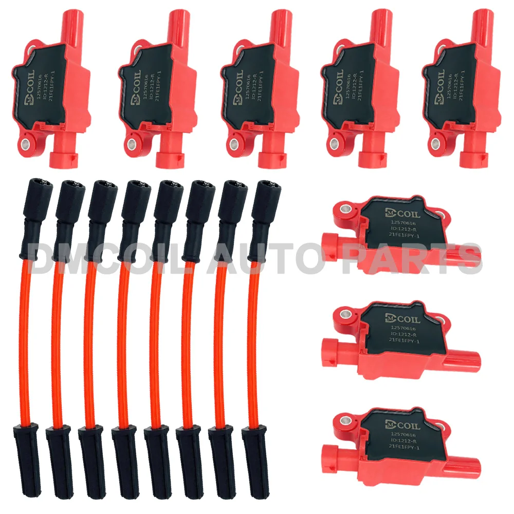 RED IGNITION COIL AND IGNITION WIRES SETS SPARK PLUG FOR GMC CADILLAC CTS CHEVROLET CAMARO SILVERADO V8 2004- UF413 SI-AT38005