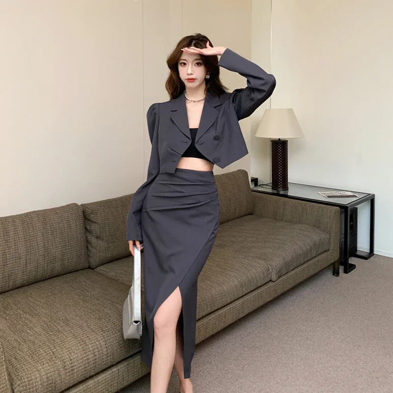 UNXX 2023 Korean Style Fashionable Bubble Sleeve Short Blazer Irregular Slit Midi Skirt Coord Set  Autumn Spring Office Lady Top