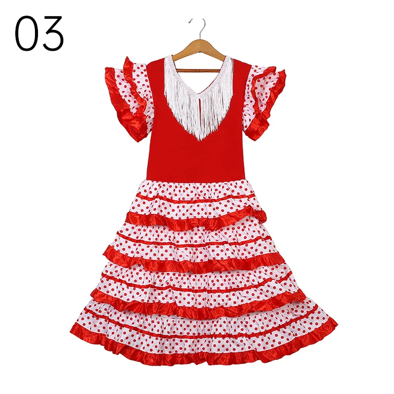 Kids Spanish Flamenco Dance Dresses Carnival Stage Performance Costume Girls Tassel Ruffled Sleeve Ruffles Dance Tutu Dress