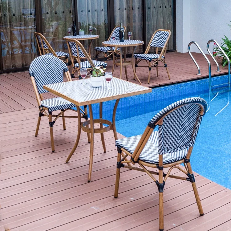 

Patio Outdoor Cafe Furniture Bistro Chairs And Tables Aluminum Bamboo Balcony Restaurant Cafe Stacking Dining Chair