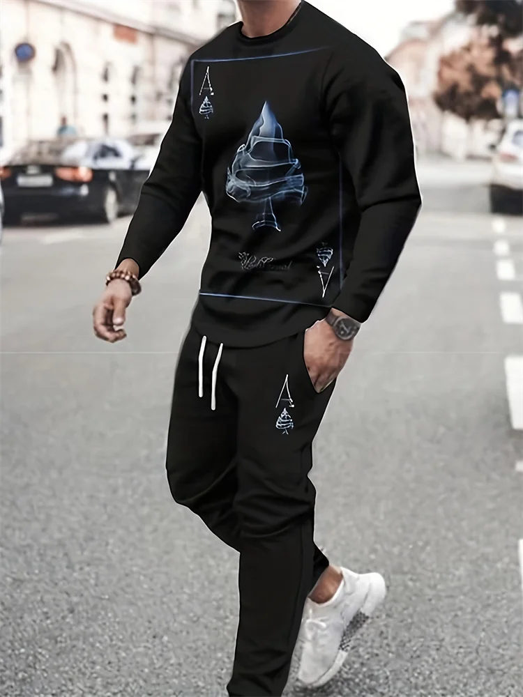 New Fall Men\'s Fashion Clothing Breathable Sportswear Long Sleeve Sweatpants Printed Simple Design Casual Jogging Two Piece Set