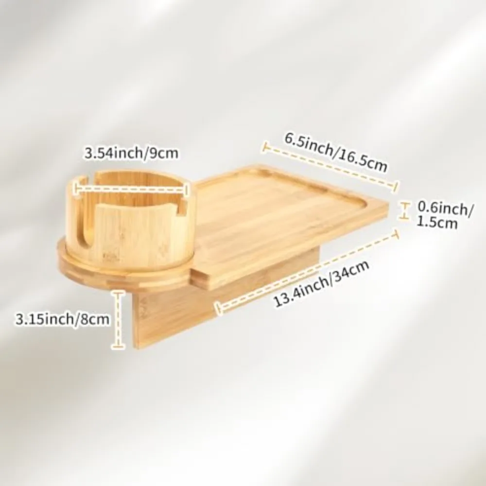 Couch Tray Insert for Middle Seat, Bamboo Couch Gap Cup Holder Tray with 360° Rotating Cup and Phone Holder, Foldable Armrest Table for Drinks Snacks Remotes, Fits Armless Sofa and Sectionals