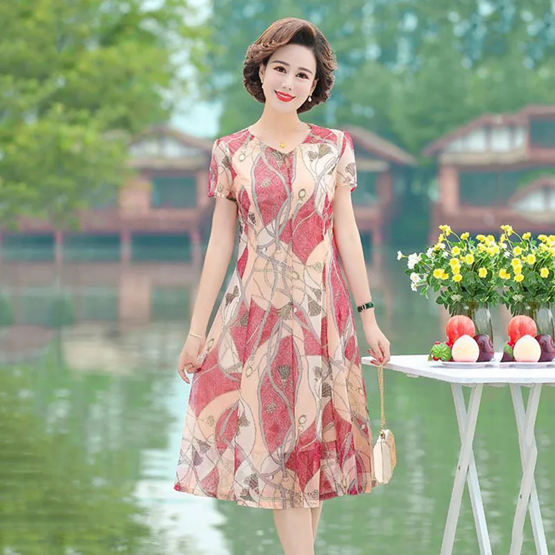 New Middle-aged And Elderly Chiffon Summer Short-sleeved Dress Color Plus Large Womens Mother Fashion Overthe-knee Skirt Female