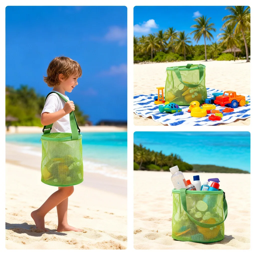 Mesh Shell Collection Bag for Kids, Round Sand Bucket Beach Toy with Storage, Foldable Sand Toy Bag for Shells and Beach Toys