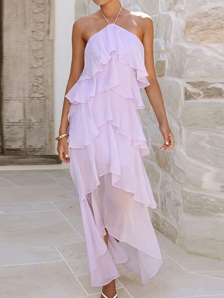 Temperamento vestido casual sexy sem costas floral impressão babados halter vestido elegante feminino sem mangas oco para fora bohe vestido de férias