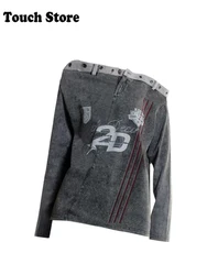 Fall Winter Women Shoujo Y2k Grunge Coquette T-Shirts Slash Neck Cyber Punk Tees Long Sleeve Tops 2000s Aesthetic Gyaru Oversize