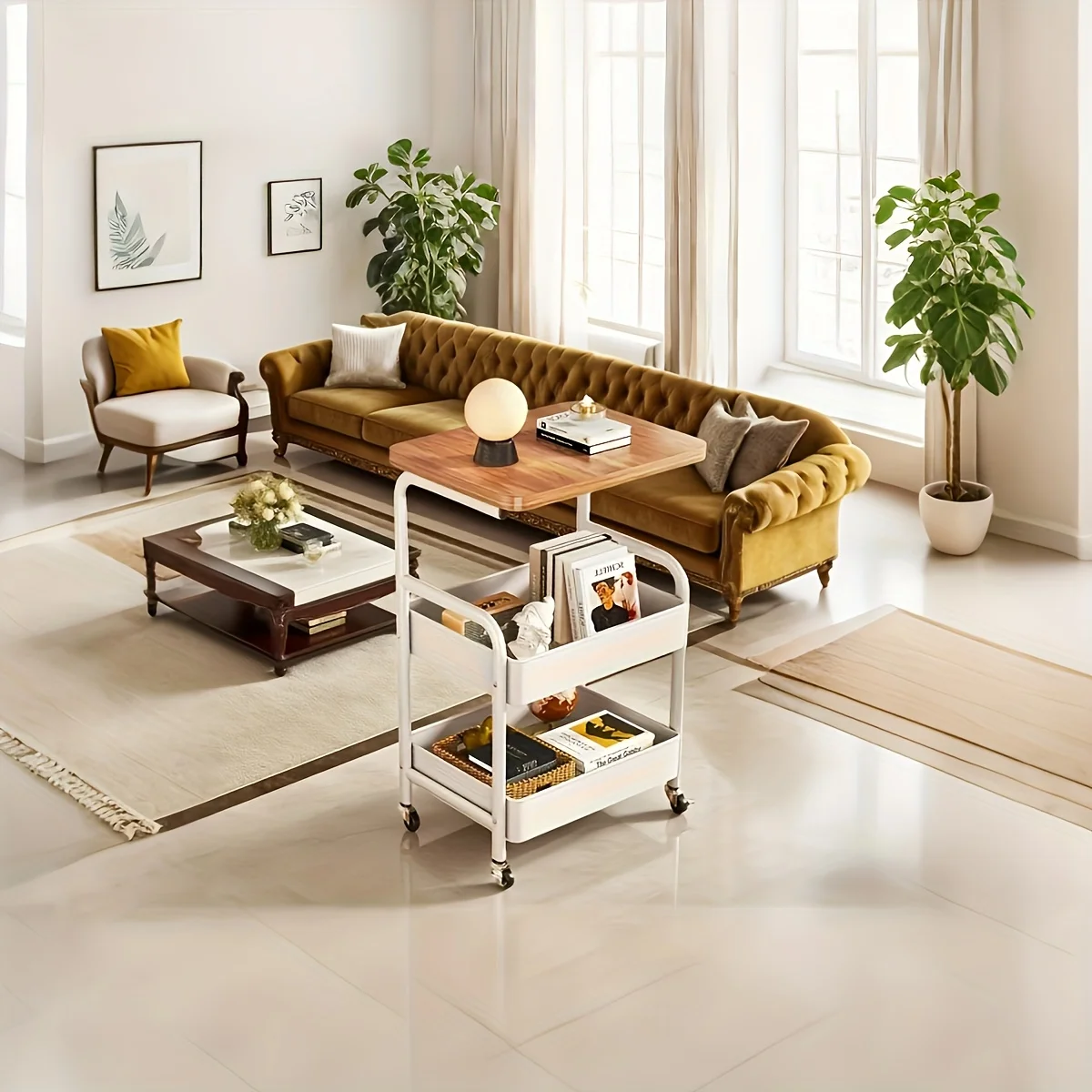 3段式ローリングトロリー、テーブルトップ、金属製ツールとスナックラック付き、耐久性のある炭素鋼フレーム、移動しやすいホイール