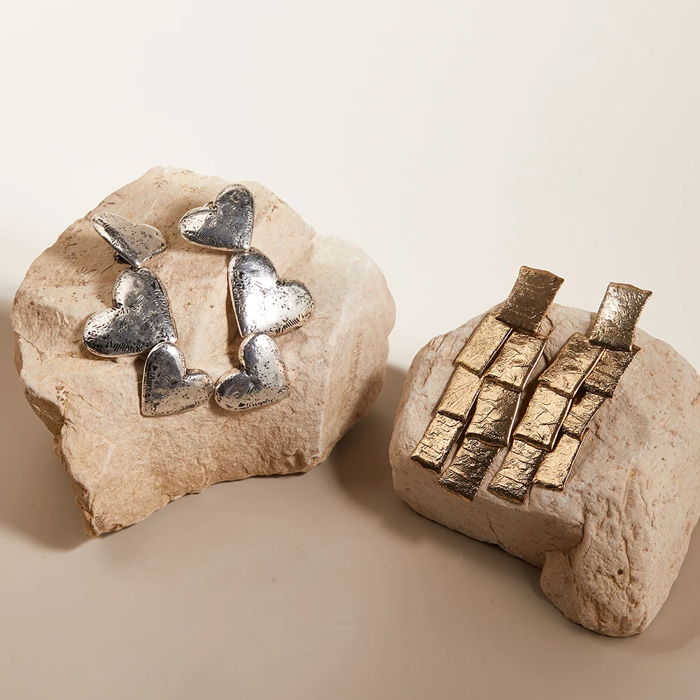 

LESHORE Art Bold Silver and Gold-Plated Textured Punk style Heart and Square Drop Earrings 2025 Vintage Jewelry Free Shipping