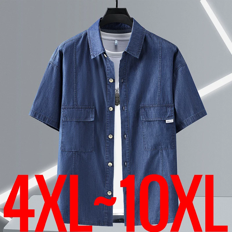 2024 New in Men Shirt Button Down Stand Collar Short Sleeve Denim Shirt Summer Classic Cotton Jean Top Male Large Size 10XL Blue