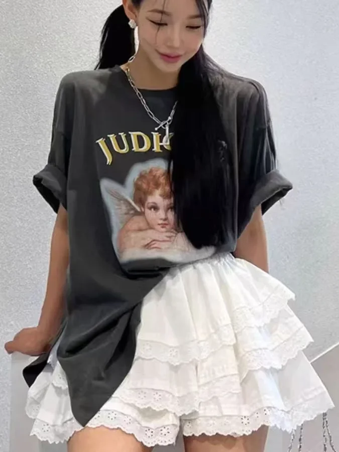 الكورية الحلو تنورة صغيرة الأبيض الدانتيل كشكش كعكة التنانير عالية الخصر ألف خط نفخة تنورة قصيرة المرأة لطيف Kawaii ملابس الصيف 2025