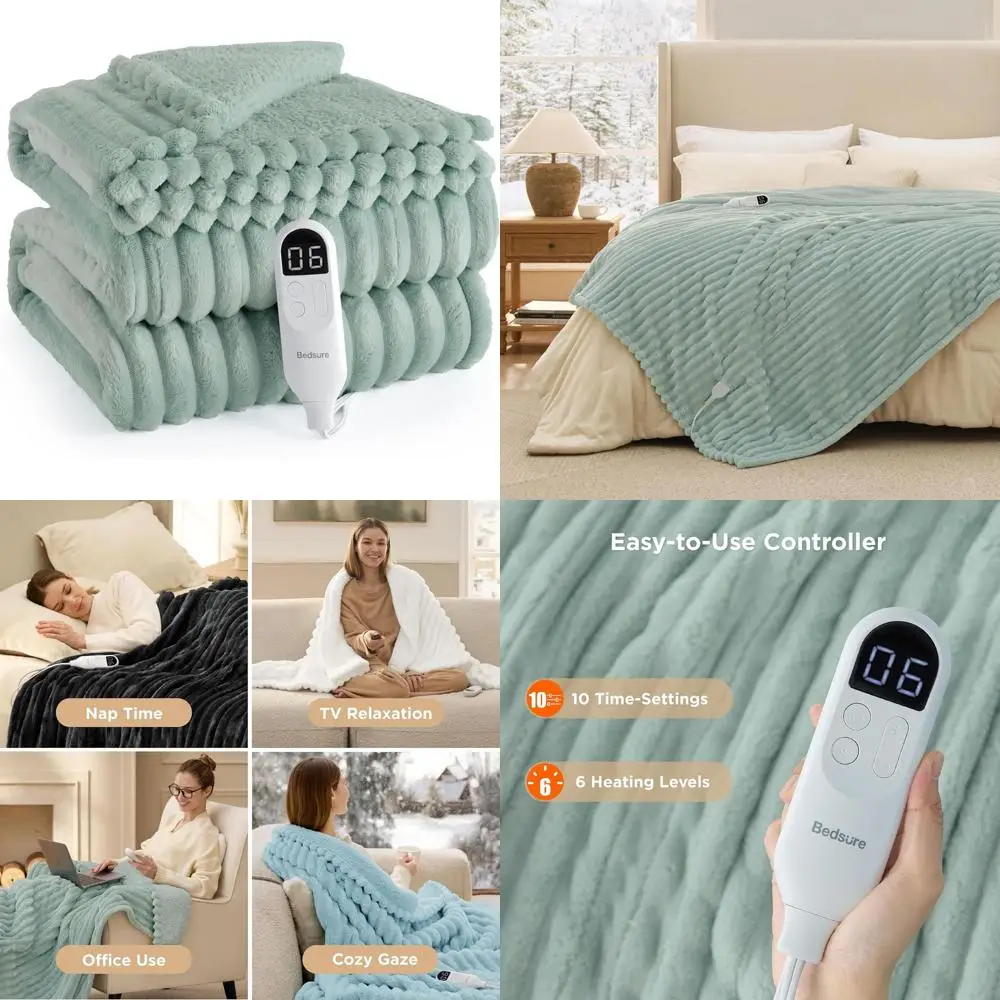 

Twin Size Thick Striped Flannel Electric Blanket with 10 Timer Settings, 6 Heat Levels, and 8-Hour Auto Shut Off - Perfect Gift