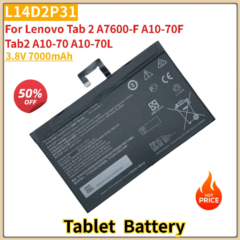 

L14D2P31 Аккумулятор для планшета 3,8 В 7000 мАч для Lenovo Tab2 A10-70 A10-70L Tab 2 A7600-F A10-70F Совершенно новый, высокое качество