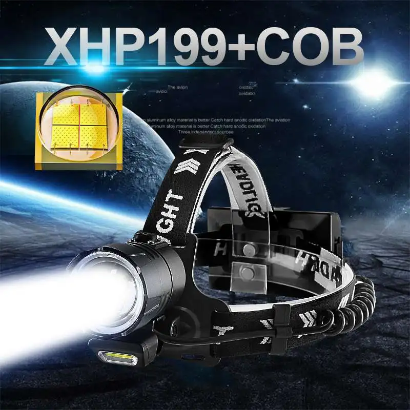 

XHP199 Мощный налобный фонарь COB Headlight 18650 Аккумуляторная головка Светодиодный фонарик Водонепроницаемый налобный фонарик Кемпинг Фонарь Кепка Свет