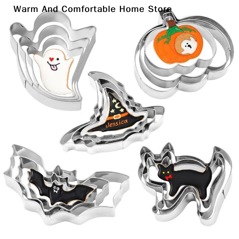 【W】3 Pcs Halloween Cookie Cutter Set Stainless Steel Pumpkin Ghost Bat Molds Smooth Edges For Home DIY Baking
