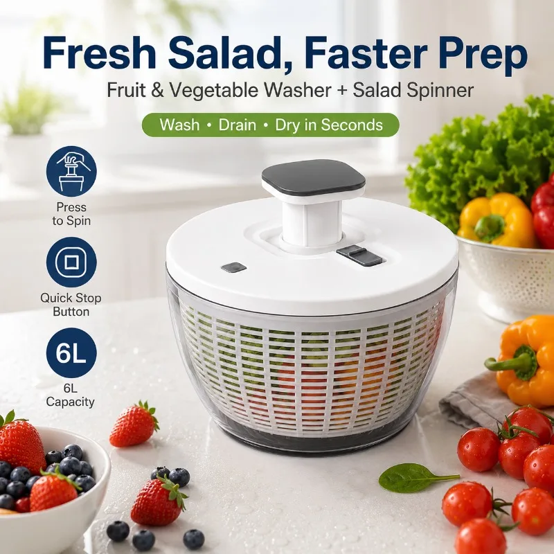 

Kitchen Salad Spinner 6L Manual Vegetable Washer Fruit Dryer with 3-Layer Removable Bowl, One-Hand Press and Stable Base
