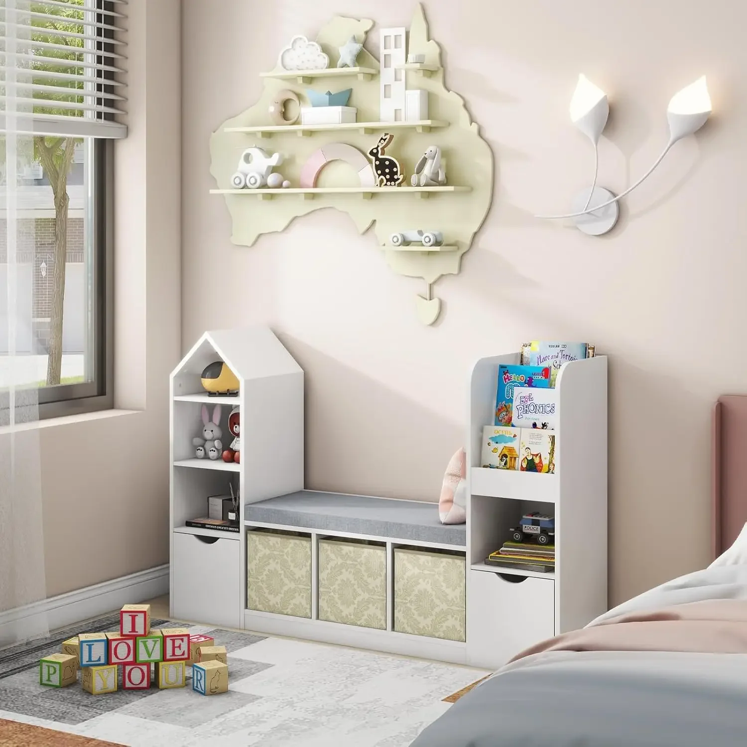 Bookshelf with Reading Nook, Multifunctional Bookcase with 7 Storage Cubbies 2 Movable Drawers, Bookcase with Seat Cushion for T