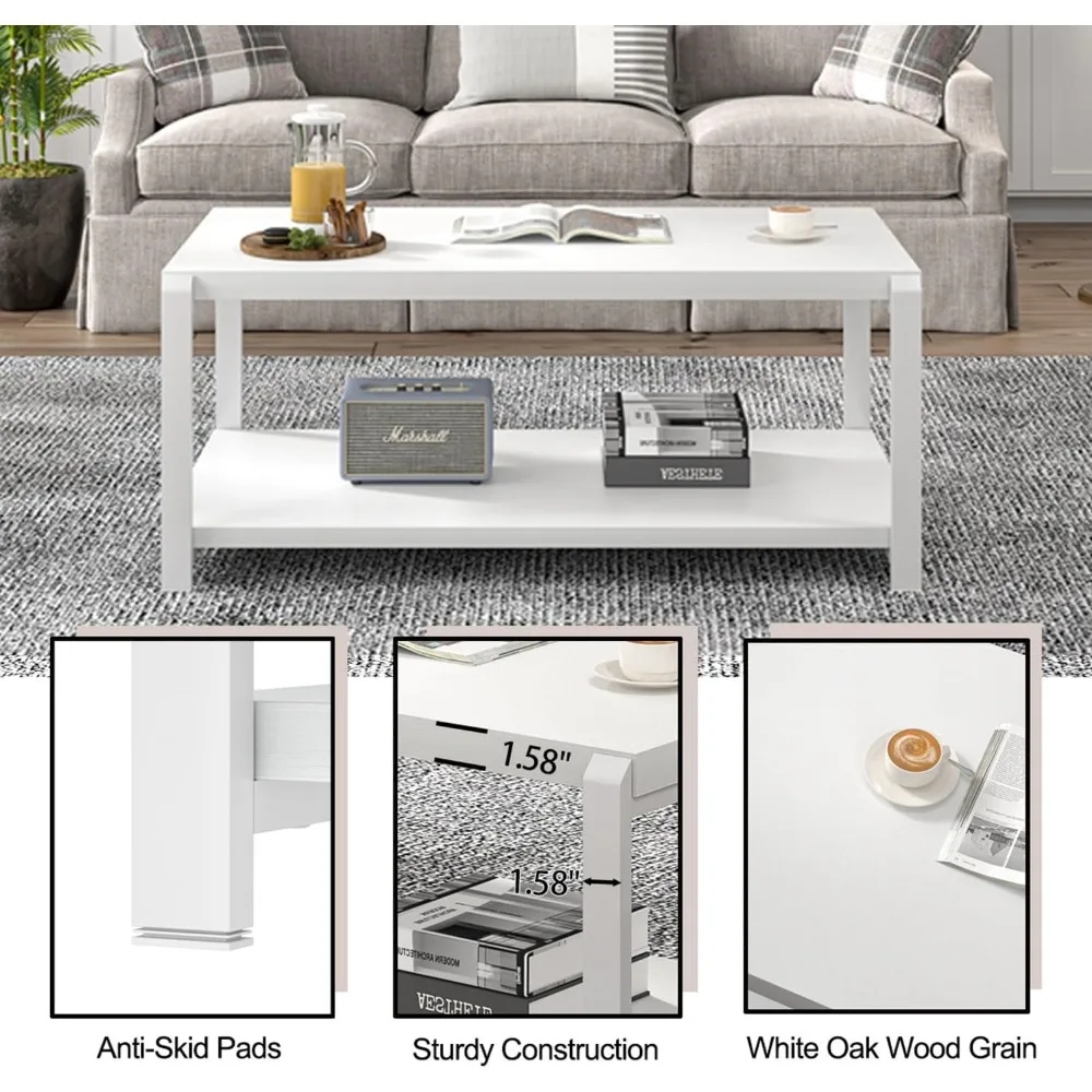 طاولة قهوة بيضاء مع مساحة تخزين، طاولة مركزية حديثة لغرفة المعيشة، طاولات كوكتيل من الخشب المعدني الريفي، بلوط أبيض #4