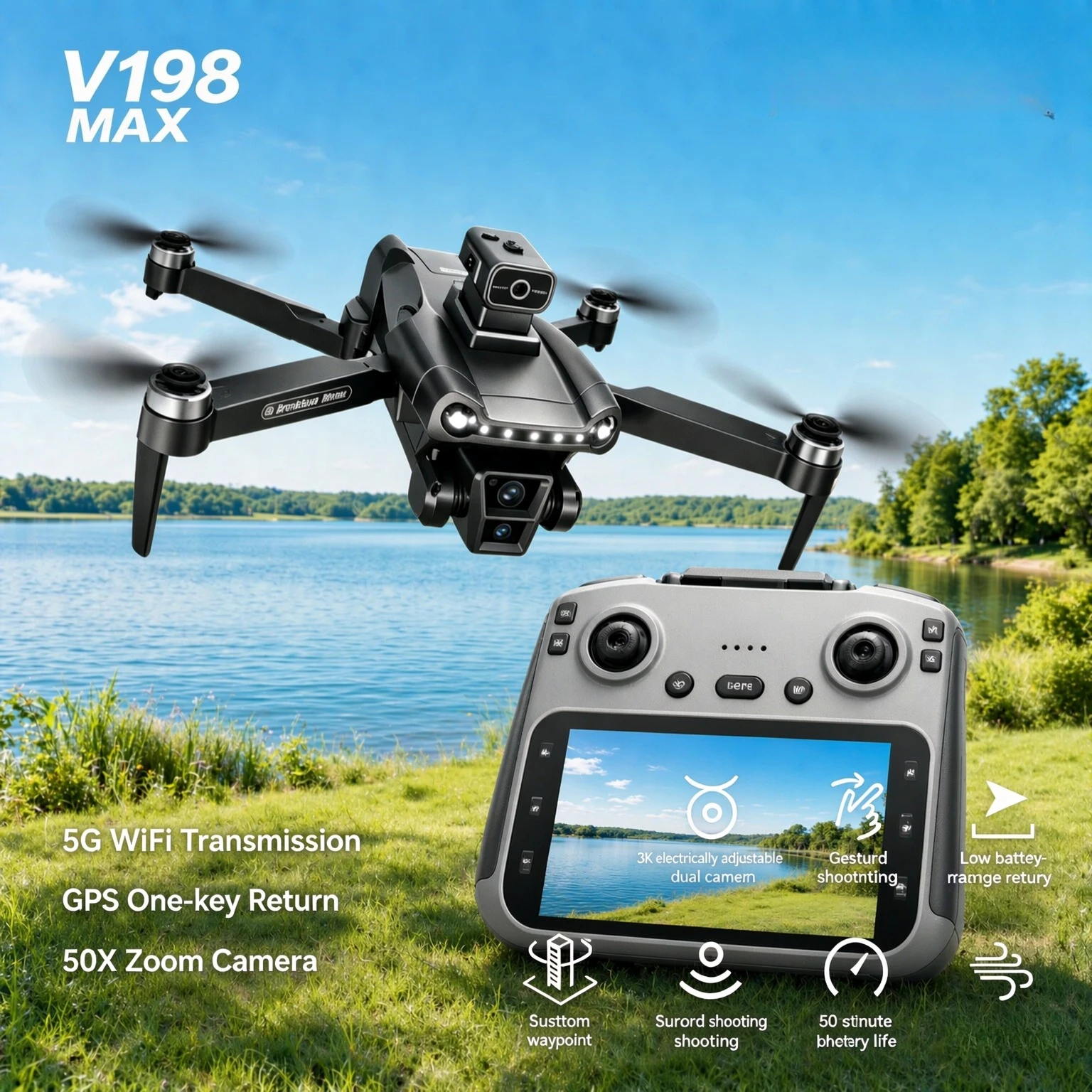 V198MAX Foldable GPS Drone 8K HD Camera 5G WiFi FPV Brushless Motor Laser Obstacle Avoidance Optical Flow RC Quadcopter