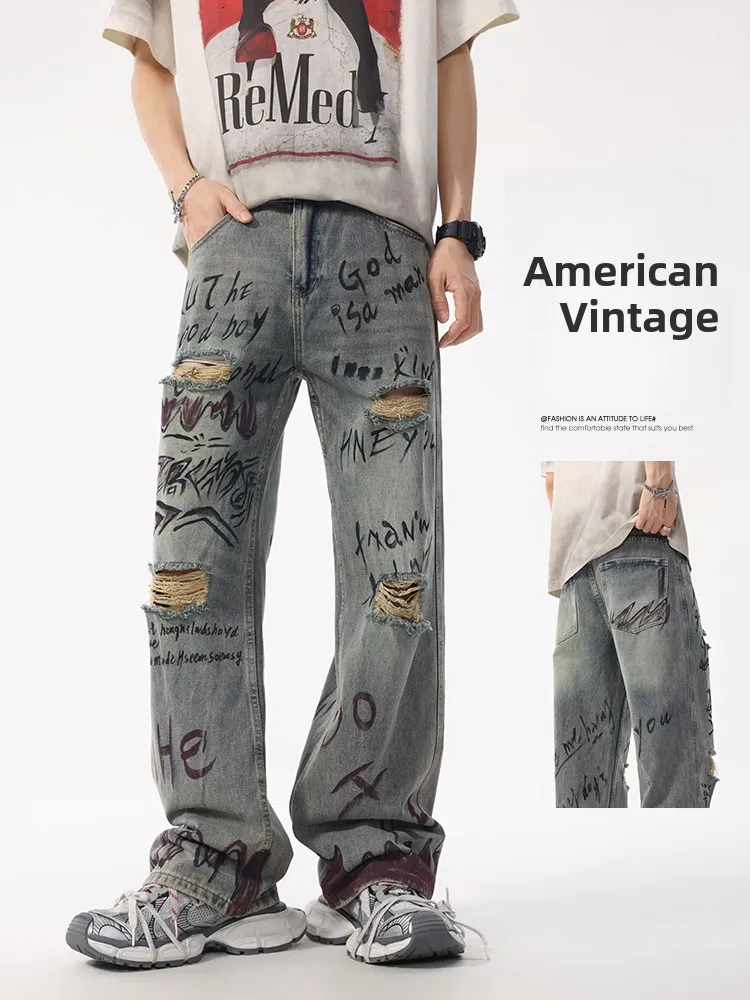 

American Retro fiti Print Hole Denim Jeans Men Casual Long Trousers Trendy High Street Loose Straight Leg Pants