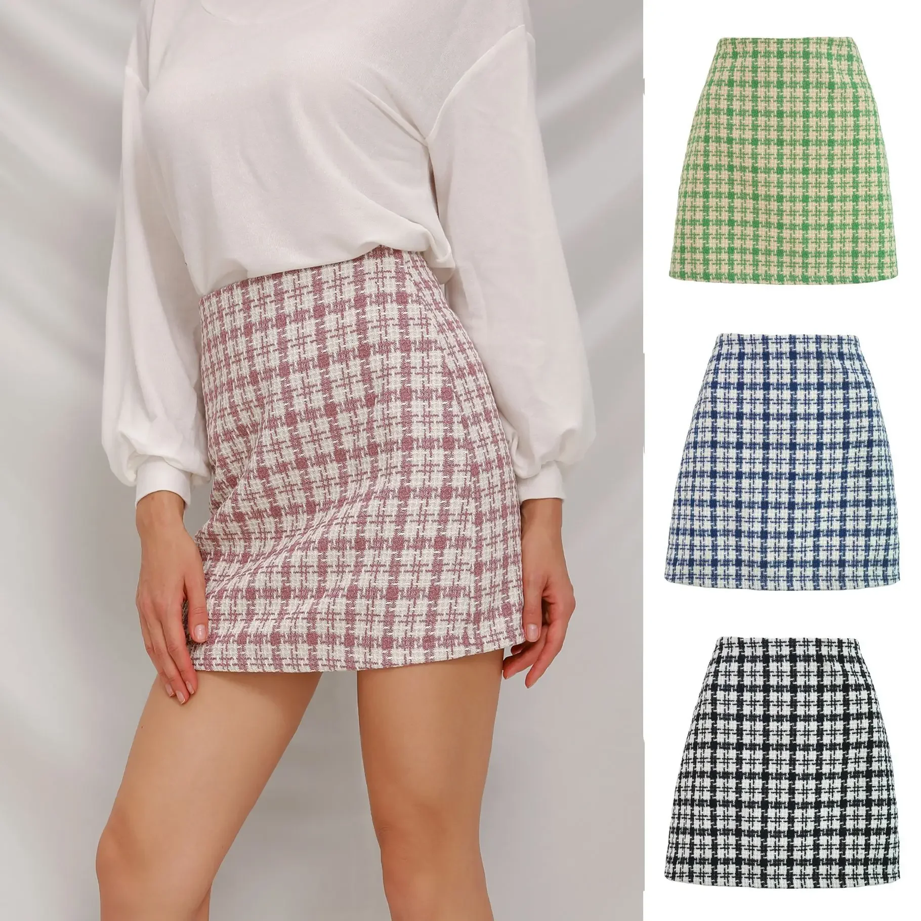 

High Waist Retro Woolen Plaid Winter Pencil Skirt for Women Casual Vintage Slim Short Skirts Autumn