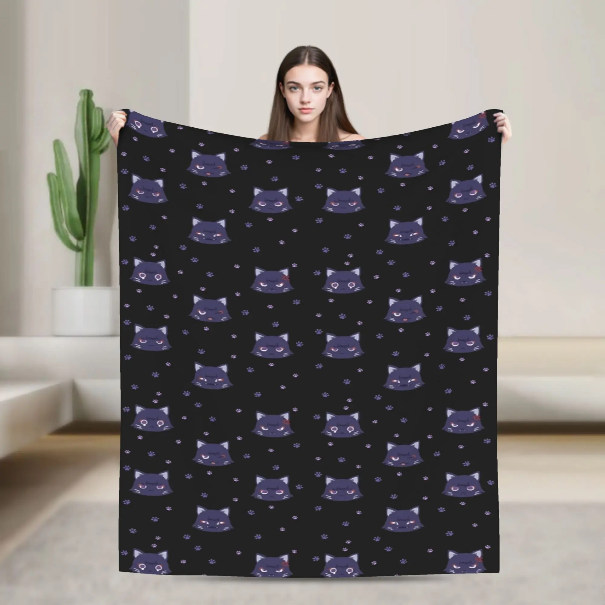 Scarameow Wanderer cat Pattern Throw Blanket Comfortable Funny Blankets G-Genshin I-Impact Flannel Bedspread Bed Cover