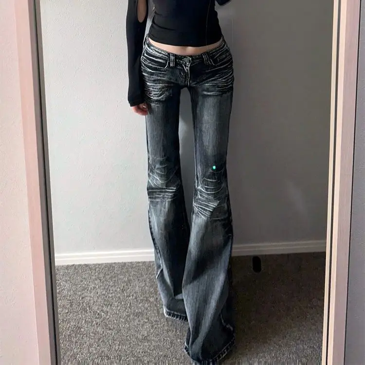 

Осень 2022, женские темные академические расклешенные джинсы с низкой талией, винтажные джинсовые брюки Abi Y2k Harajuku, уличная одежда с расклешенным низом, брюки