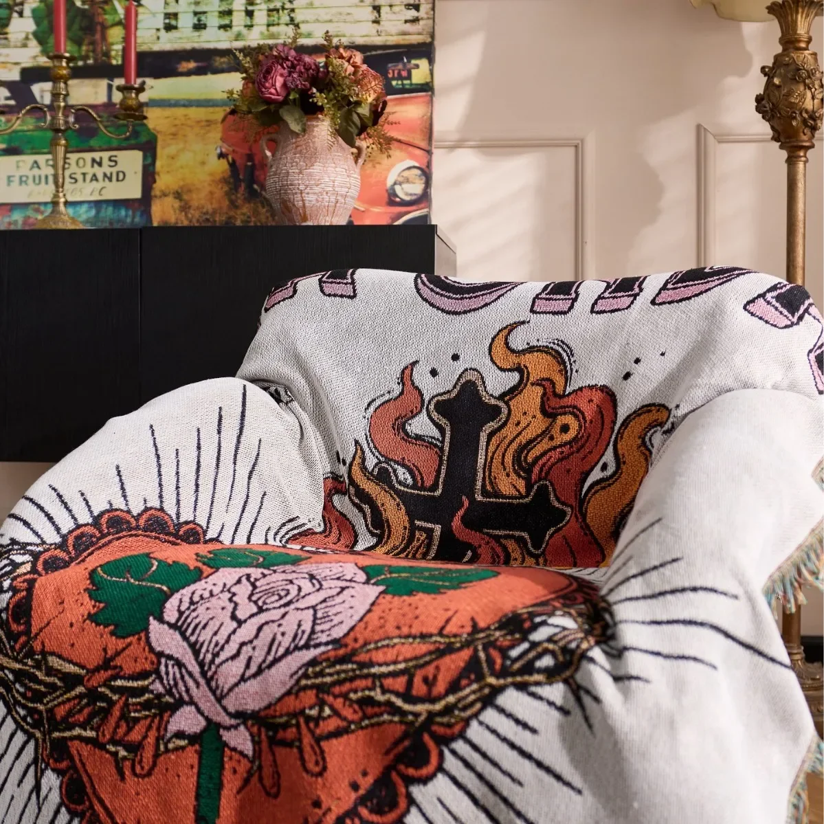 Textile City Vintage Tattoo Style Thorned Heart Rose Sofa Throw Blanket Portable for Home Decor & Bottlerock Napa Valley Picnic