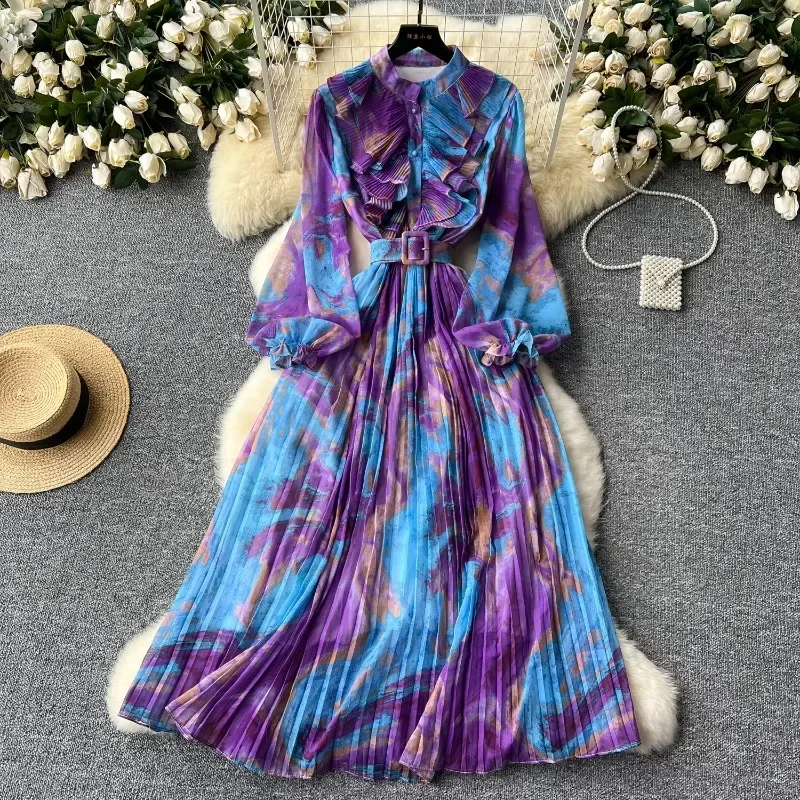 Retro Elegant Autumn Edible Tree Fungus Patchwork Long Sleeves Print Chiffon Dress A-line French Vintage Vacation Women Dresses