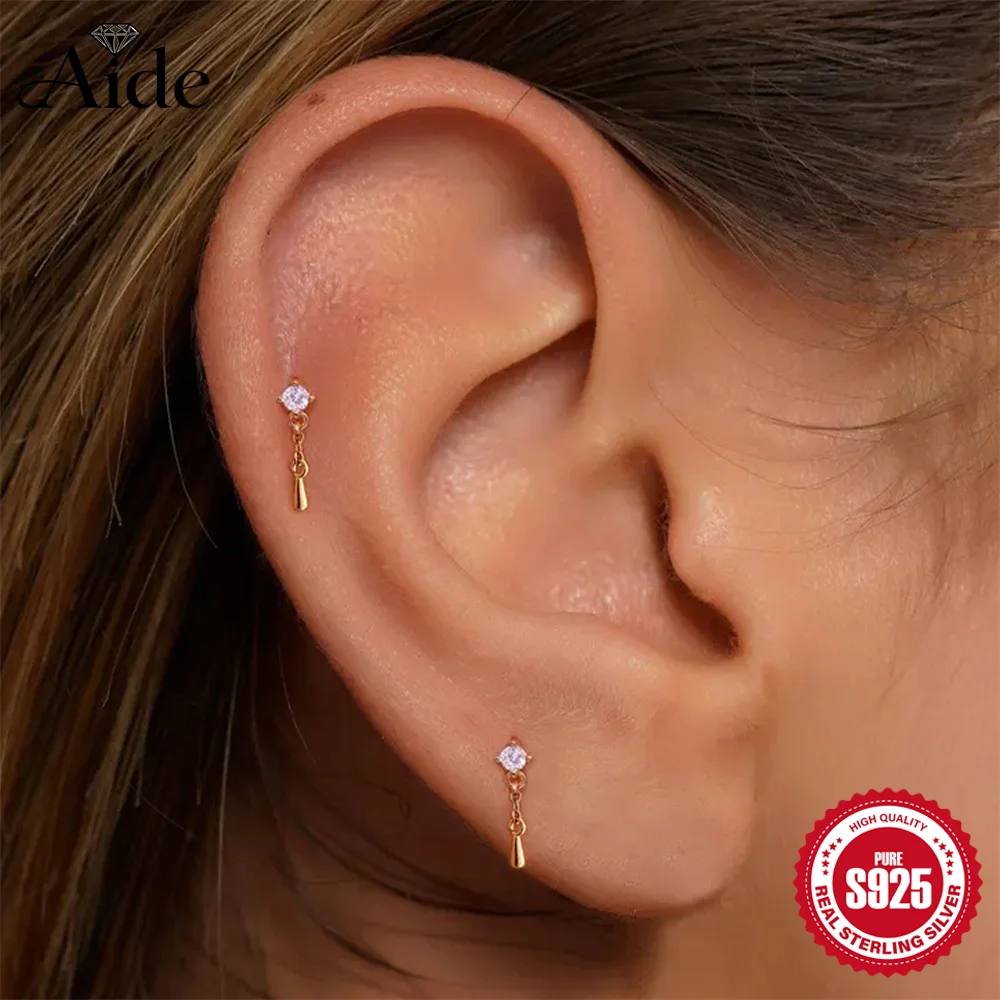 AIDE 925 Sterling Silber Glänzender Wassertropfen-Anhänger mit Quaste für Damen, flacher Ohrstecker, zierlicher Tropfen-Ohrring, INS Schmuck