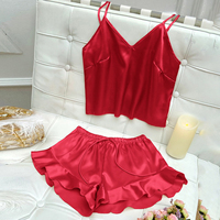 Solid Satin Pajama Set  V Neck Cami Top   Ruffle Shorts  Women's Sleepwear   Loungewear