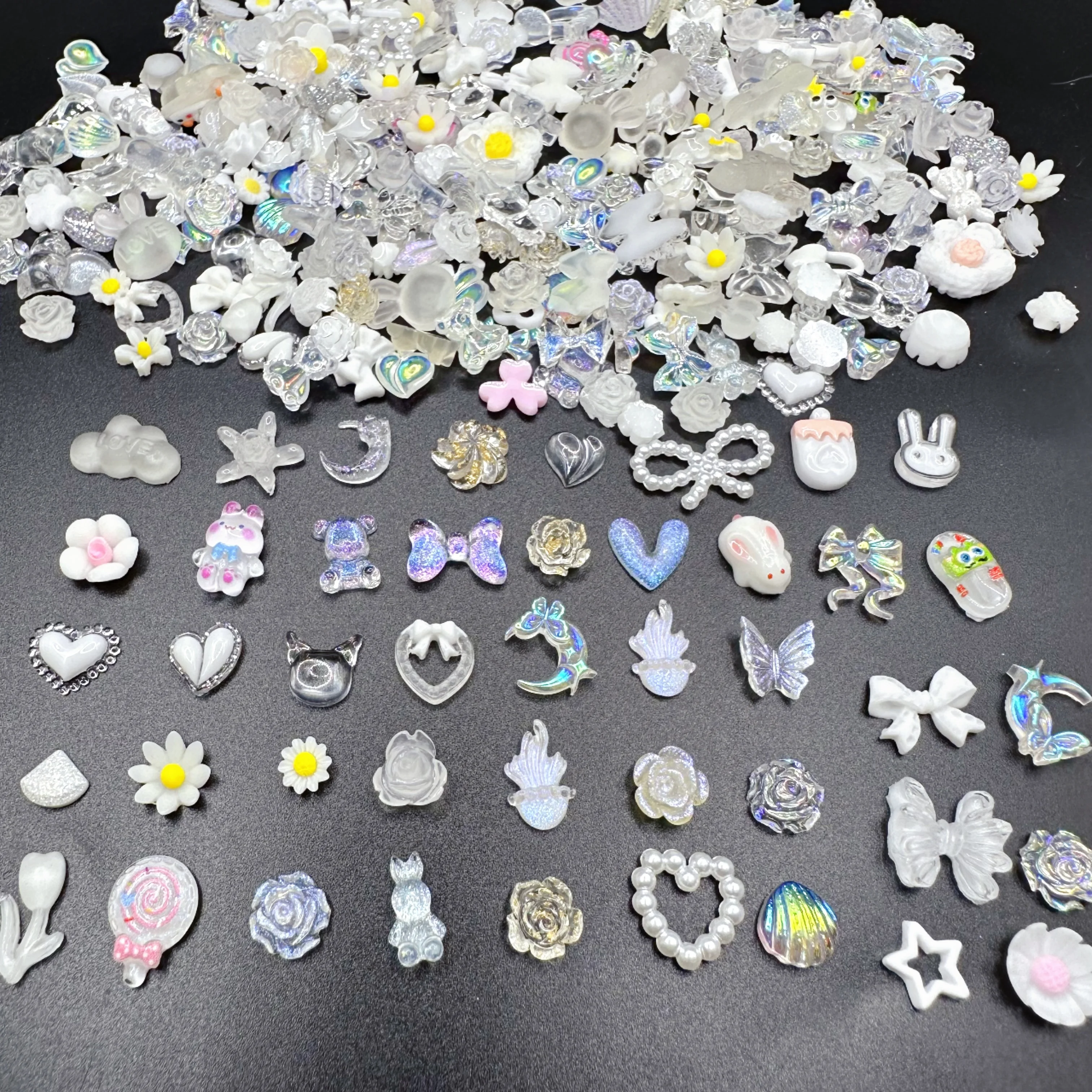 50pcs Random Mixed Resin Nail Art Charm Cute Cartoon Star Bow Lollipop Flower Jewelry Rhinestone Fashion Nail Art Decoration DIY