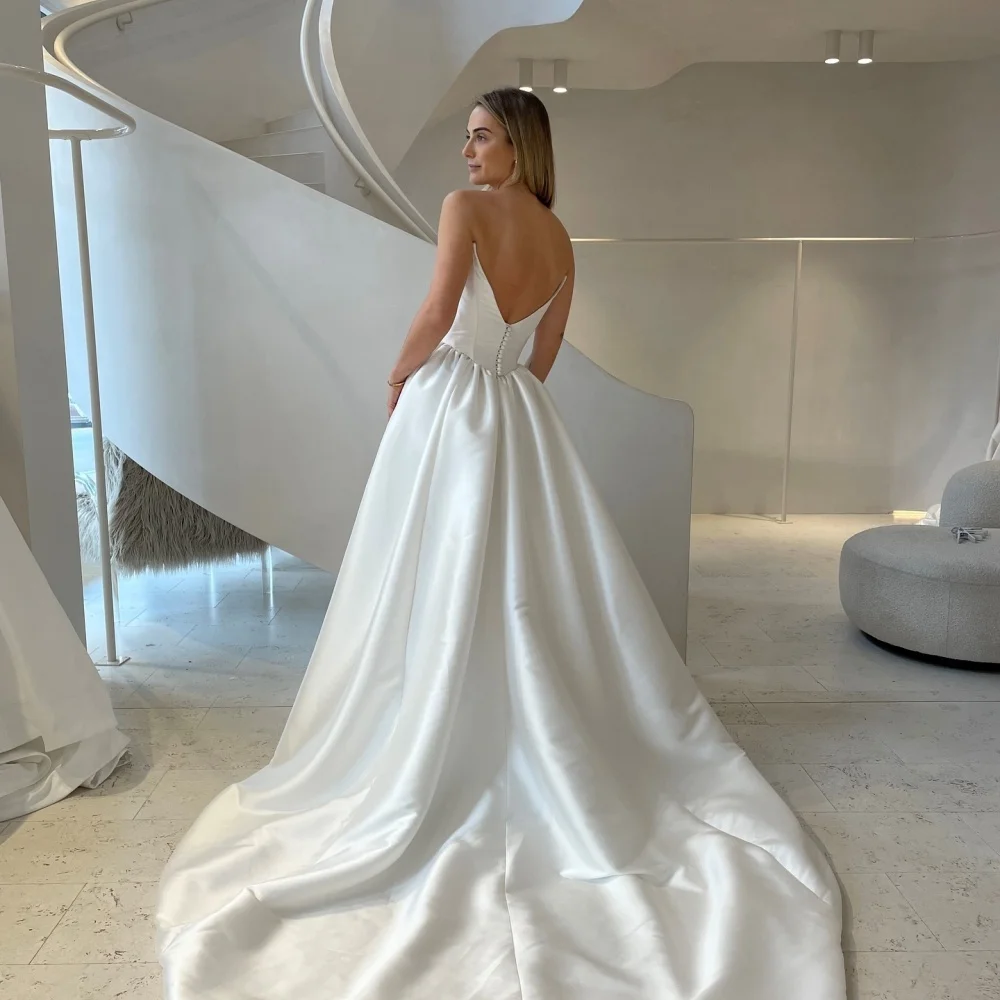 Amanda White Satin Strapless vestido femininos Sleeveless فساتين سهرة Floor-Length Cocktail Party Prom Customized Wedding Dress