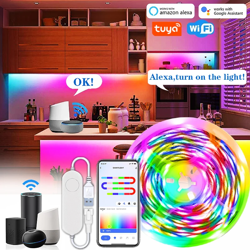 תאורת רצועת LED חכמה TUYA Smart Wifi RGBIC Dreamcolor Ribbon Lighting USB 5V WS2812B עם אפשרות לכתובת ותמיכה ב-Alexa ו-Google