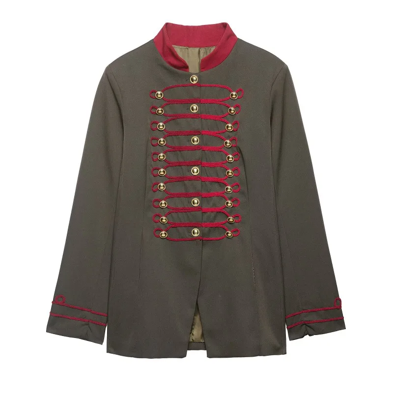 Vintage Stand Collar Jacket Women Red Piping Gold Button Decor Long Sleeve Retro Uniform Style Slim Women Outerwear 260702