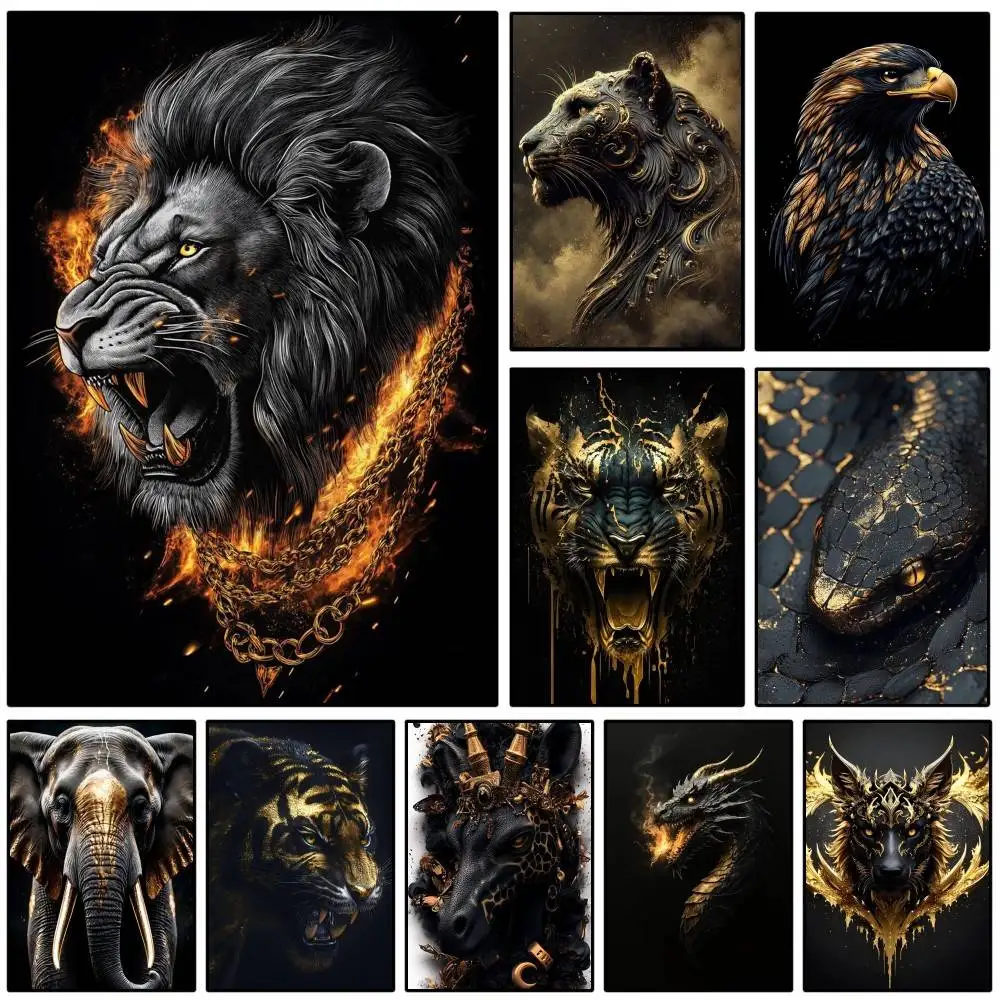 1PC Black Gold Animals Poster Self-adhesive Art Waterproof P