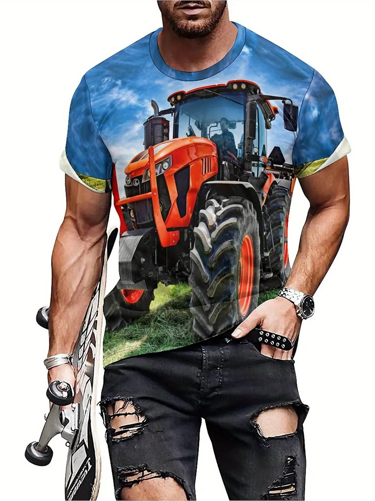 Camiseta masculina e feminina de manga curta com estampa 3D de trator agrícola – poliéster leve e respirável, conforto para todas as estações,