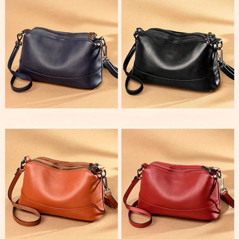 Tas Bahu Kulit Asli untuk Wanita, Dompet Selempang Kapasitas Besar dengan Tas Messenger Warna Solid Ritsleting Multi-Lapisan