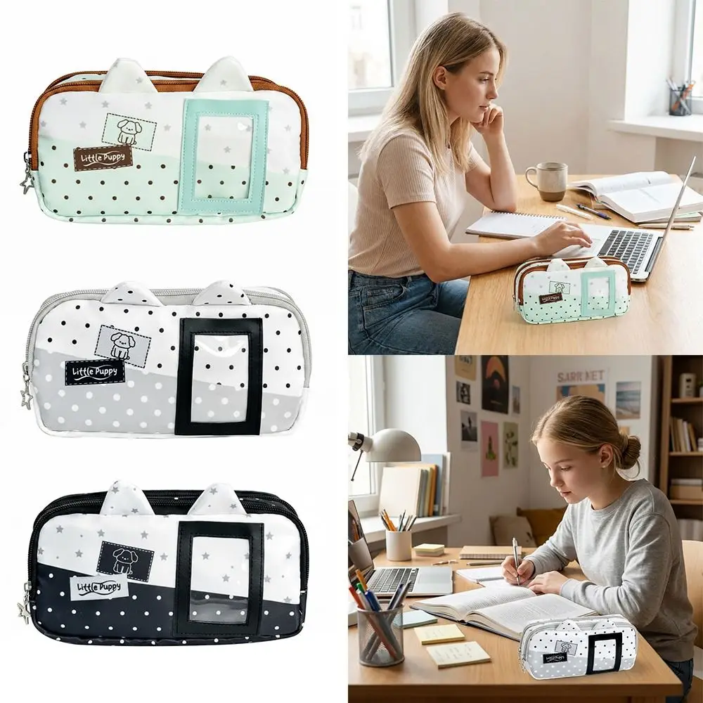 Cute Cat Shape Pencil Case with Photo Window Large Capacity Pencil Pouch Portable Pen Bag Gift