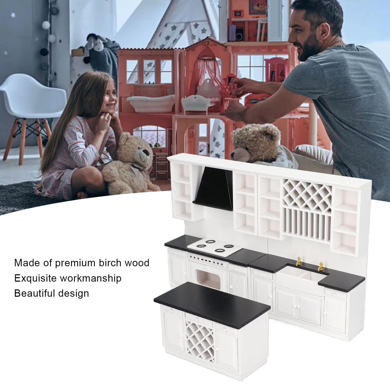 مجموعة خزانة المطبخ لبيت الدمى 1/12 خشب البتولا مصغرة منصة مشروبات للدمى ديكورات منزلية مجموعة خزانة المطبخ لبيت الدمى