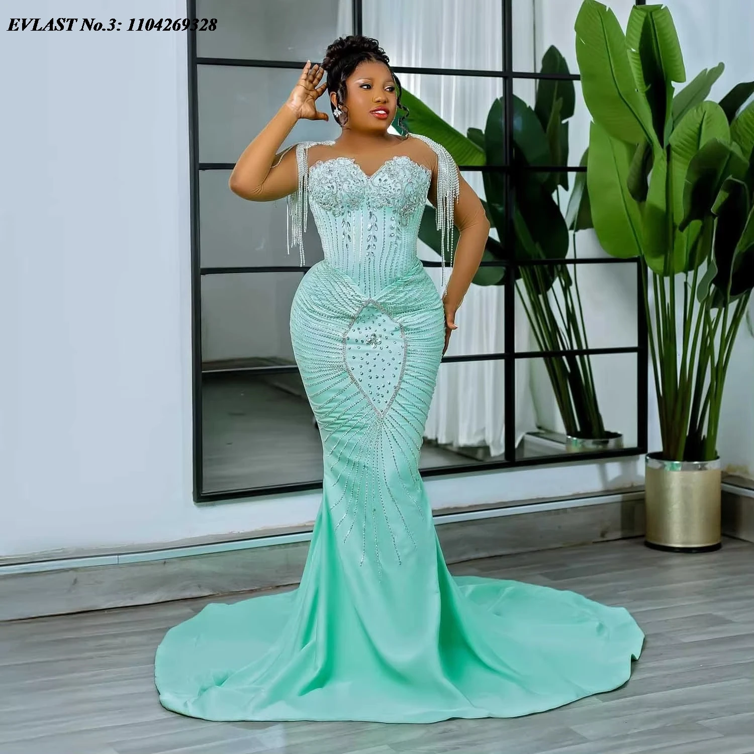 EVLAST Customized African Mint Mermaid Prom Dress Crystal Beading Formal Party Dress Aso Ebi Black Women Formal Gown E3P379