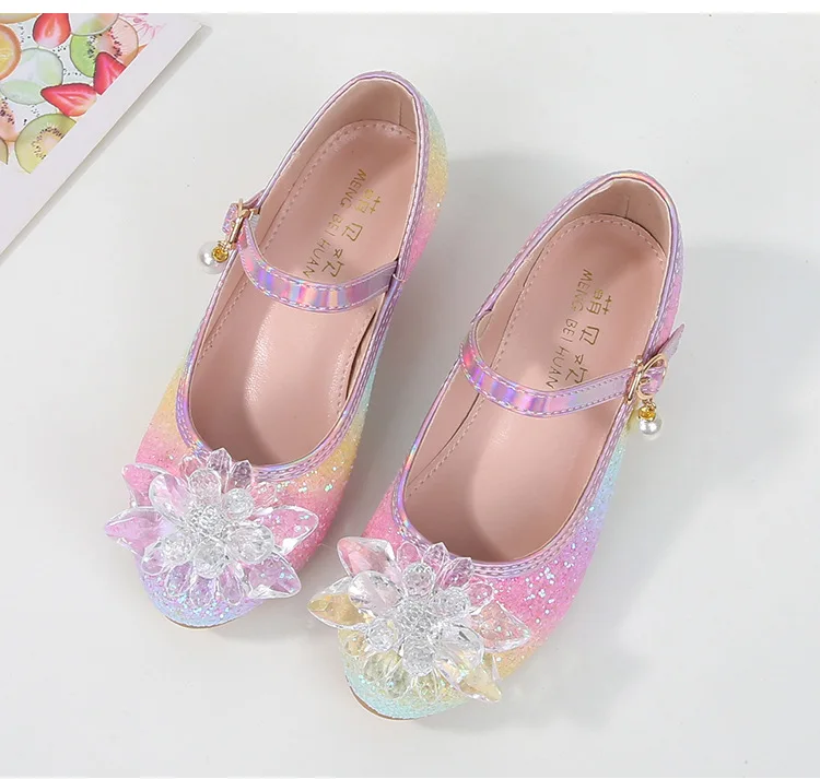 Children\'s High Heels Fashion Diamond Flowers Girls Party Dance Shoes Soft Soled Kids Princess Crystal Glitter Student Bow Shoe