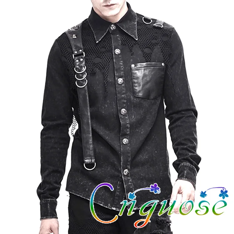 2023 Punk Men\'s Long Sleeved Rivet Bandage Shirt  Rock Casual Asymmetric Shirt  Spring and Autumn Broken Top