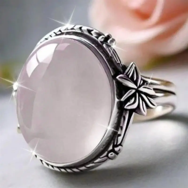 Huitan Imitation Mondstein Damenring, silberfarben, frischer Stil, Blatt-Design, vielseitiges Hochzeits- und Party-Accessoire, Modeschmuck