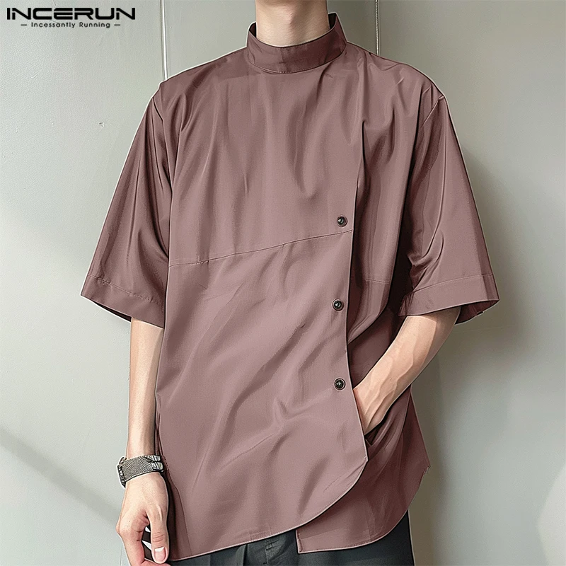 INCERUN Men Shirt Solid Color 2026 Korean Style Handsome Men's Stand Collar Shirts Casual Loose Half Sleeve Men Clothing S-5XL
