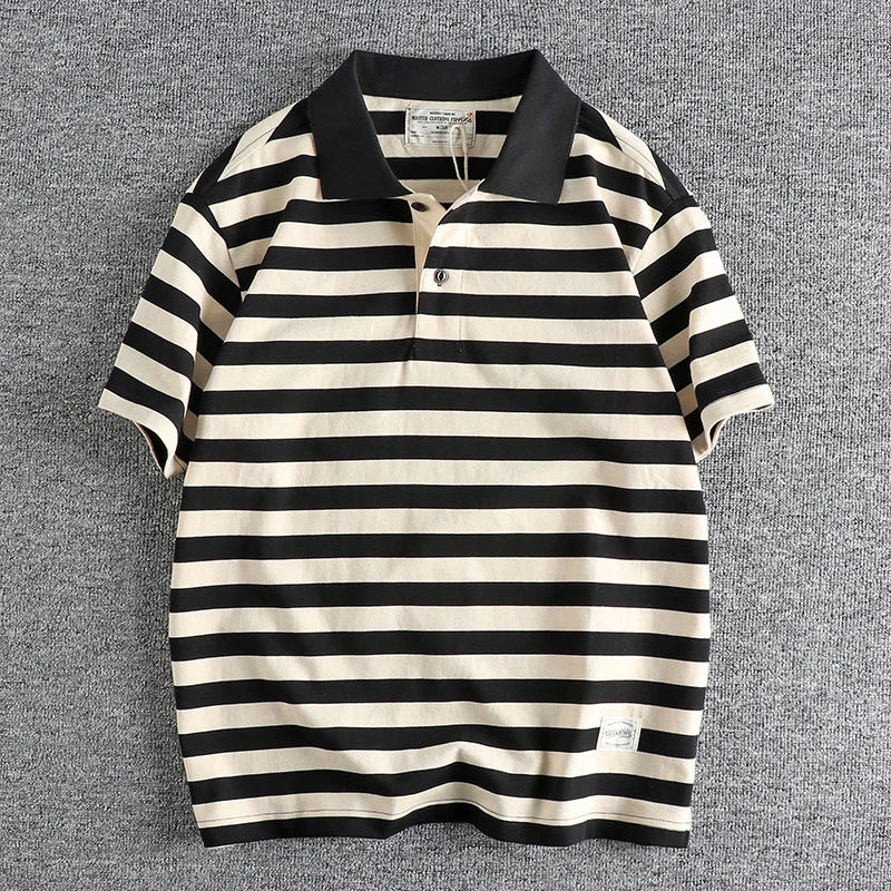 Summer New American Retro 230g Short Sleeve Laepl Sailor Striped Polo Shirt Men\'s Fashion 100% Cotton Washed Heavyweight T-shirt