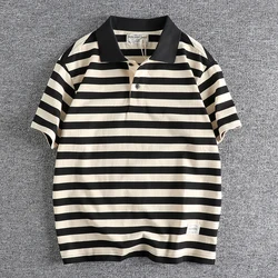 Summer New American Retro 230g Short Sleeve Laepl Sailor Striped Polo Shirt Men's Fashion 100% Cotton Washed Heavyweight T-shirt