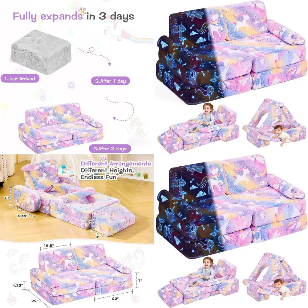 

Toddler Play Sofa, Convertible Kids Sectional, Unicorn-Themed, Glow-in-the-Dark Cushion Furniture for Playrooms and Bedrooms