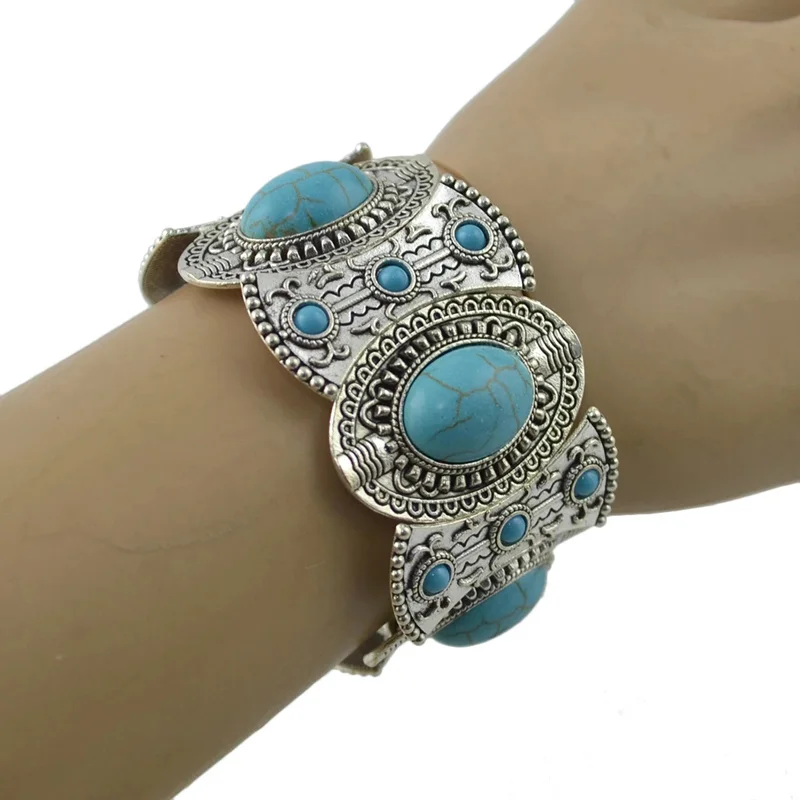 Bracelet large rétro kazakh, bohème, turquoise, exotique, élastique, bras, nouveau